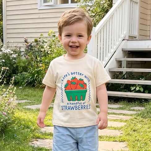 Toddler Girls Boys Tee Strawberry Print T-Shirt Kids Short Sleeve Fruit Vegetable Shirt Cute Summer Top Clothes (Ivory, 4-5 Years) in Kuwait