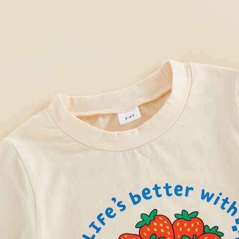 Toddler Girls Boys Tee Strawberry Print T-Shirt Kids Short Sleeve Fruit Vegetable Shirt Cute Summer Top Clothes (Ivory, 4-5 Years) in Kuwait