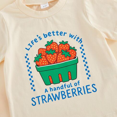 Toddler Girls Boys Tee Strawberry Print T-Shirt Kids Short Sleeve Fruit Vegetable Shirt Cute Summer Top Clothes (Ivory, 4-5 Years) in Kuwait