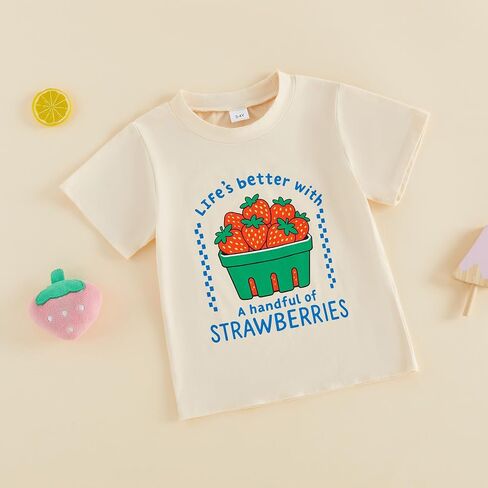 Toddler Girls Boys Tee Strawberry Print T-Shirt Kids Short Sleeve Fruit Vegetable Shirt Cute Summer Top Clothes (Ivory, 4-5 Years) in Kuwait