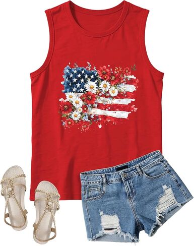 4th of July Floral American Flag Tank Top for Women Patriotic Sleeveless Apparel in Kuwait