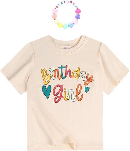 Girls' Birthday Girl Letter Print T-Shirt with Bracelet, Pink, Size 4-12Y, Short Sleeve in Saudi Arabia