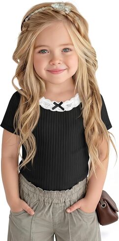 Xaatren Toddler Girls' Short Sleeve Cotton Shirts | Kids Ribbed Lace Neck Tops, Cute, Casual, Summer, Y2k, Blouses, with Bow, Daily Wear, Kindergarten, Family, School in Kuwait