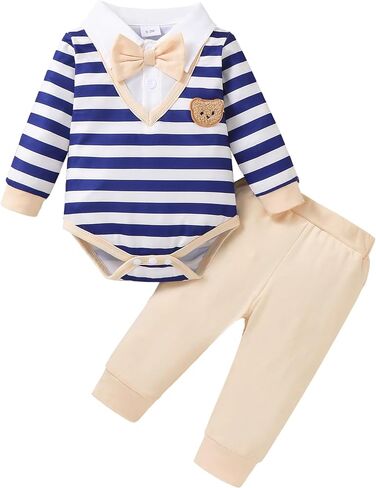 Jecson Baby Boy Clothes Newborn Boy Clothes Gentleman Bodysuit Pants Set | Soft stretch fabric, fall baby boy clothes, skin-friendly, breathable, baby boy dress clothes, formal outfit for 0-18M in Kuwait