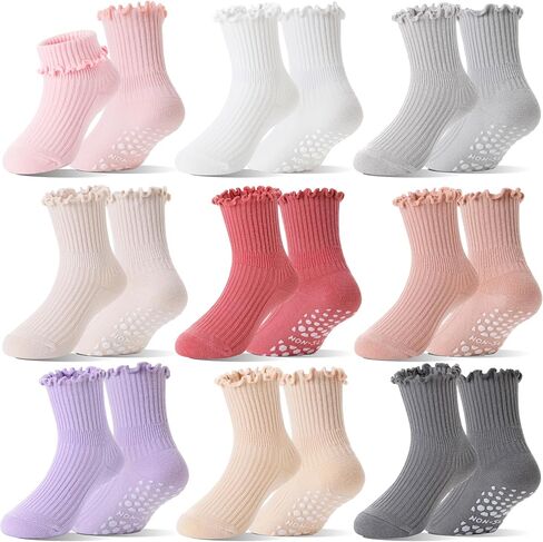 Baby Girls Toddlers Ruffle Grip Socks Uniform School Dress Anti Slip Non Skid Frilly Breathable Crew Cotton Socks 9 Pairs in Saudi Arabia