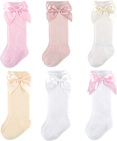 6 Pairs Preemie Knee High Socks with Bows Newborn 0-3 Months | soft cotton long tube socks available in beautiful multi-color packs premature baby socks baby girl long socks in Kuwait