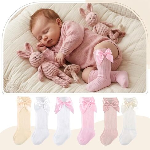 6 Pairs Preemie Knee High Socks with Bows Newborn 0-3 Months | soft cotton long tube socks available in beautiful multi-color packs premature baby socks baby girl long socks in Kuwait