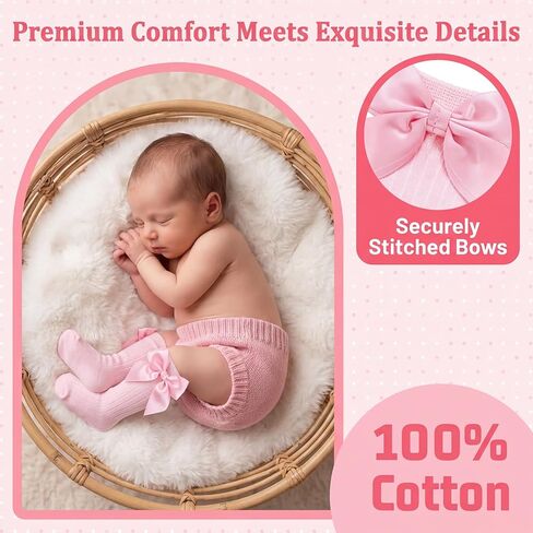 6 Pairs Preemie Knee High Socks with Bows Newborn 0-3 Months | soft cotton long tube socks available in beautiful multi-color packs premature baby socks baby girl long socks in Kuwait
