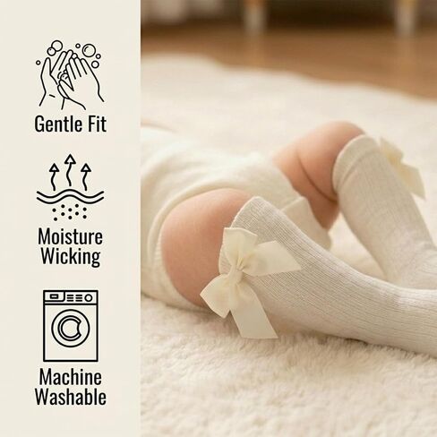6 Pairs Preemie Knee High Socks with Bows Newborn 0-3 Months | soft cotton long tube socks available in beautiful multi-color packs premature baby socks baby girl long socks in Kuwait