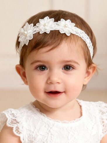 Baby Girls Hairband White Bow Lace Headbands Handmade Soft Stretchy Wide Head Band Newborn Hairbands with Bows Pearls Elastic Headband for Infant Hair Accessories（Beige Lace Flower） in Kuwait