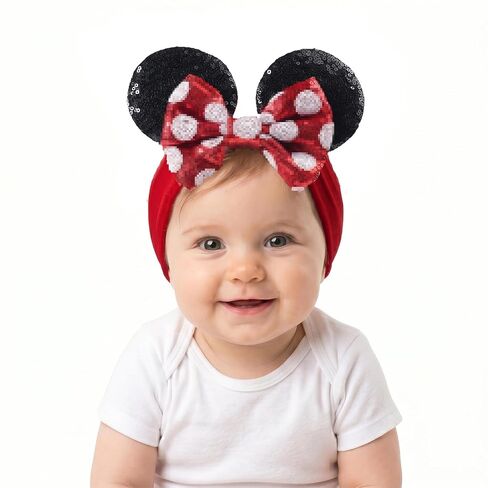 Baby Girl Mouse Ears Headwrap with Sequin Polka Dot Bow, Velvet Turban Hairband, Hair Bow Headband for Toddler, Kids, Party Supplies in Kuwait