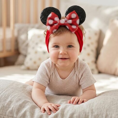 Baby Girl Mouse Ears Headwrap with Sequin Polka Dot Bow, Velvet Turban Hairband, Hair Bow Headband for Toddler, Kids, Party Supplies in Kuwait