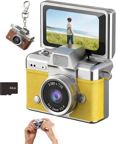 Mini Digital Camera Keychain with 1.47 in LCD Screen 1080P, 2026 New Mini Retro Camera, Retro Ccd Digital Camera with Lanyard, Built-in Flash, Include 64gb Tf Card for Travel Party (Yellow) in Kuwait