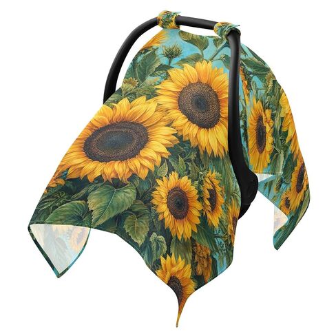 Sunflowers Pattern Baby Car Seat Cover Stroller Cover | Muslin-like Cotton Blend, Breathable, Multi-use, Newborn Essentials Must Haves, Fits Most Strollers, for Babies Boys Girls in Kuwait