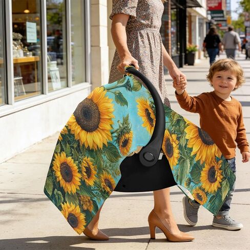 Sunflowers Pattern Baby Car Seat Cover Stroller Cover | Muslin-like Cotton Blend, Breathable, Multi-use, Newborn Essentials Must Haves, Fits Most Strollers, for Babies Boys Girls in Kuwait