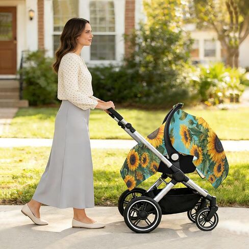 Sunflowers Pattern Baby Car Seat Cover Stroller Cover | Muslin-like Cotton Blend, Breathable, Multi-use, Newborn Essentials Must Haves, Fits Most Strollers, for Babies Boys Girls in Kuwait