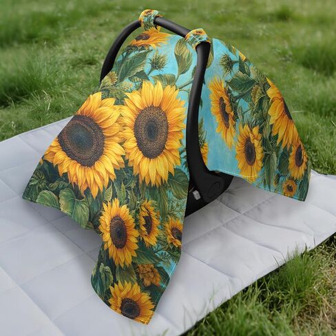 Sunflowers Pattern Baby Car Seat Cover Stroller Cover | Muslin-like Cotton Blend, Breathable, Multi-use, Newborn Essentials Must Haves, Fits Most Strollers, for Babies Boys Girls in Kuwait