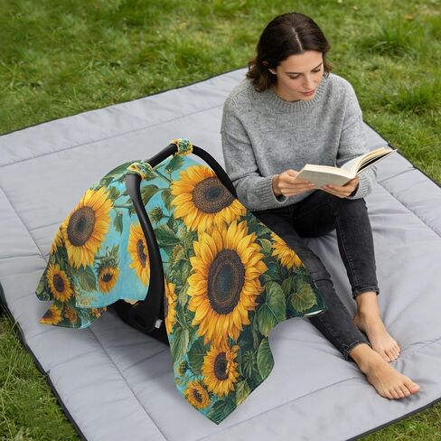 Sunflowers Pattern Baby Car Seat Cover Stroller Cover | Muslin-like Cotton Blend, Breathable, Multi-use, Newborn Essentials Must Haves, Fits Most Strollers, for Babies Boys Girls in Kuwait