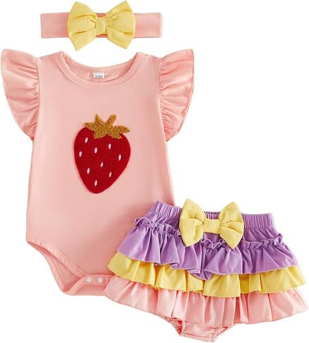 Half Birthday Outfit Baby Girl Ruffle Romper Embroidery Bodysuit Bloomers Shorts Headband Set 1/2 Birthday Clothes in Kuwait