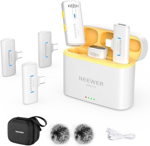 NEEWER Wireless Lavalier Microphone System for iPhone, Mini Clip on Lapel Mic Set with 2 USB C Transmitters/4 Receivers/OTG Adapter Compatible with iPhone Android Phone Computer Tablet, White, KM20 in Kuwait