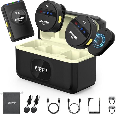 NEEWER Wireless Lavalier Microphone System for iPhone, Mini Clip on Lapel Mic Set with 2 USB C Transmitters/4 Receivers/OTG Adapter Compatible with iPhone Android Phone Computer Tablet, White, KM20 in Kuwait
