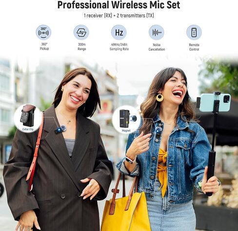 NEEWER Wireless Lavalier Microphone System for iPhone, Mini Clip on Lapel Mic Set with 2 USB C Transmitters/4 Receivers/OTG Adapter Compatible with iPhone Android Phone Computer Tablet, White, KM20 in Kuwait