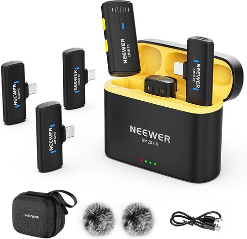 NEEWER Wireless Lavalier Microphone System for iPhone, Mini Clip on Lapel Mic Set with 2 USB C Transmitters/4 Receivers/OTG Adapter Compatible with iPhone Android Phone Computer Tablet, White, KM20 in Kuwait