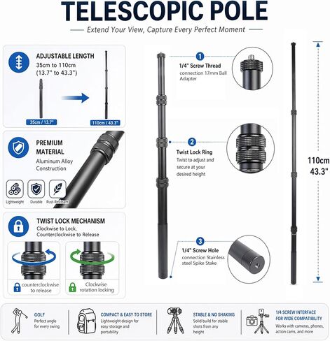 Ground Golf Monopod Phone Stand with Stainless Steel Spike | 46" Metal Extendable Pole, Phone Holder with Power Bank Straps, Golf Swing Video Recording for MagSafe & Smartphones in Kuwait