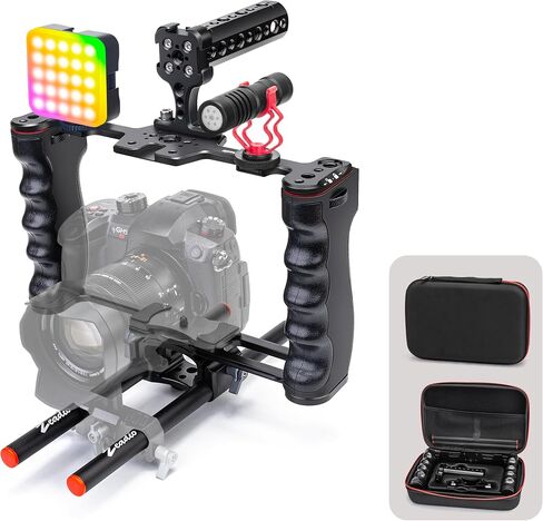 Zeadio All-in-One Video Rig Kit, Aluminum Handheld Camera Cage with RGB Video Light, Microphone, Top Handle,15mm Rod Guide, Extension Rods & Carrying Case for Filmmaking Vlogging Recording etc in Kuwait