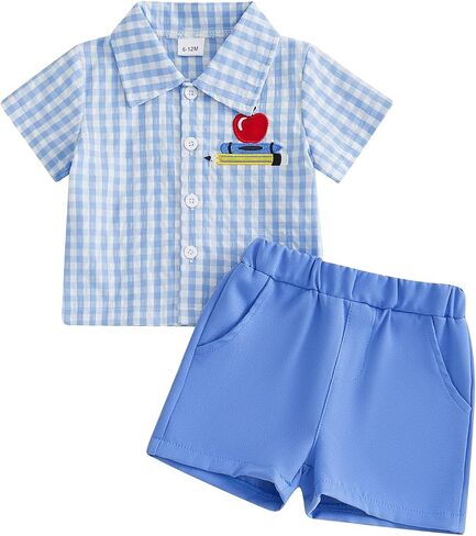 Toddler Boys Back to School Outfit Collared T Shirt and Shorts Set | Pencil/apple/books embroidery, Lapel collared, Kids toddler boy gingham outfit set, First day of school clothes summer in Saudi Arabia