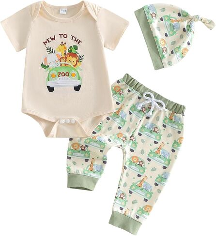 GOOCHEER Newborn Baby Boy Clothes Zoo Animals Short Sleeve Romper Shirt Top Pants Hat Set Summer Outfits in Kuwait