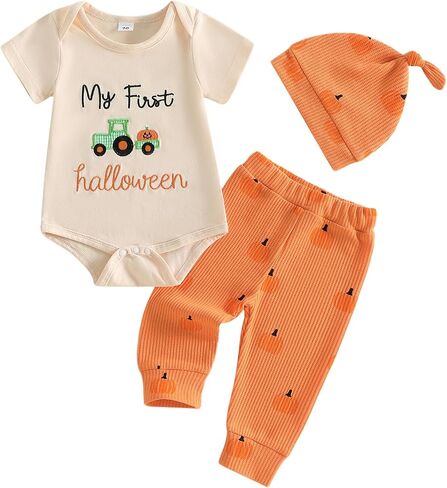 YINGISFITM My First Halloween Baby Boy Outfit Short Sleeve Romper + Pumpkin Patch Pants + Hat Newborn Fall Clothes in Kuwait