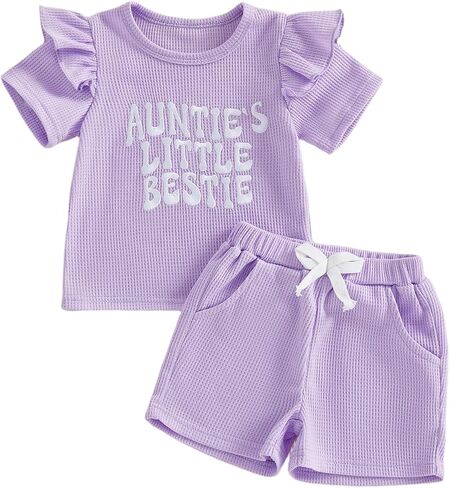 SAYOO Aunties Bestie Baby Clothes Gender Neutral Baby Boy Short Sleeve Letter T-Shirt Solid Color Shorts Summer Outfit in Kuwait