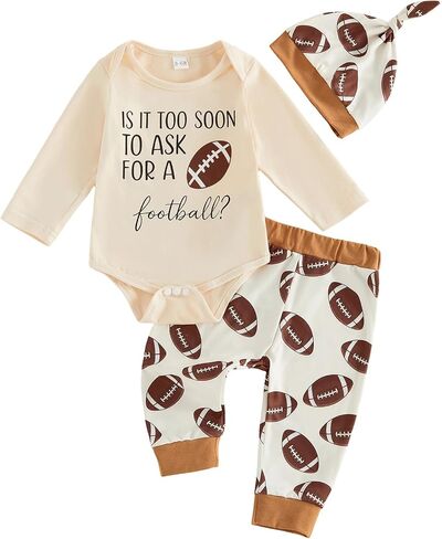 Newborn Baby Boy Fall Clothes Football Basketball Romper Outfit | Is It Too Soon To Ask For A Football Basketball, Long Sleeve Romper Bodysuit T-Shirt Pants Set with Hat in Kuwait