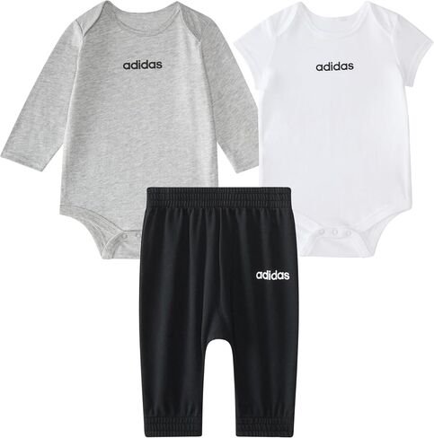 adidas Unisex 3-Piece Logo Bodyshirt & Pant Set, Grey With White, 9M | Pant Sets, elastic waist, relaxed fit in Kuwait