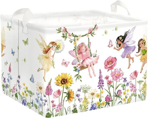 Clastyle Lovely Princess Laundry Basket Kids Clothes Book Storage Basket Gift Toy Box for Bedroom Decor,Flower Fairy,40x30x30 cm | Large Storage Basket for Toys Clothes Books, 25kg Load Capacity, Freestanding, Waterproof, Collapsible in Kuwait