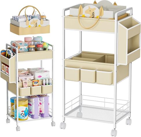 JBBTOOL 2In1 Baby Diaper Caddy & 3-Tier Rolling Diaper Cart, Diaper Caddy Organizer with Dividers & Pockets, Mobile Metal Utility Cart for Baby Essentials, Bedroom, Kitchen & Office in Kuwait
