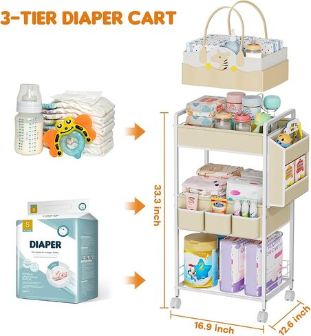 JBBTOOL 2In1 Baby Diaper Caddy & 3-Tier Rolling Diaper Cart, Diaper Caddy Organizer with Dividers & Pockets, Mobile Metal Utility Cart for Baby Essentials, Bedroom, Kitchen & Office in Kuwait
