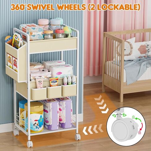 JBBTOOL 2In1 Baby Diaper Caddy & 3-Tier Rolling Diaper Cart, Diaper Caddy Organizer with Dividers & Pockets, Mobile Metal Utility Cart for Baby Essentials, Bedroom, Kitchen & Office in Kuwait
