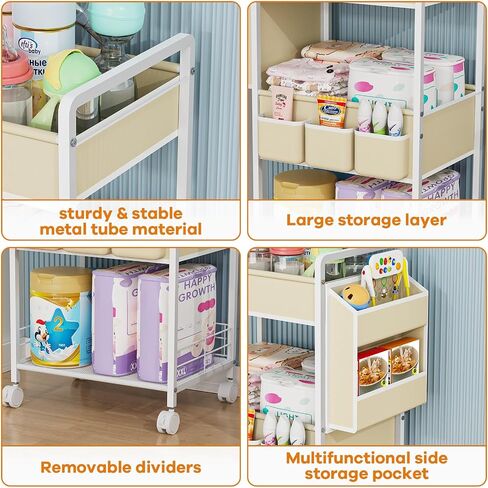 JBBTOOL 2In1 Baby Diaper Caddy & 3-Tier Rolling Diaper Cart, Diaper Caddy Organizer with Dividers & Pockets, Mobile Metal Utility Cart for Baby Essentials, Bedroom, Kitchen & Office in Kuwait