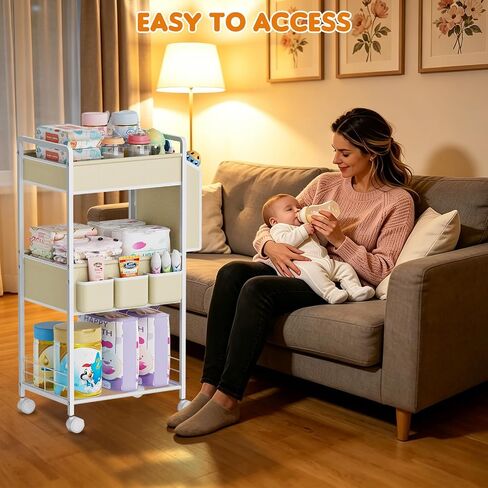 JBBTOOL 2In1 Baby Diaper Caddy & 3-Tier Rolling Diaper Cart, Diaper Caddy Organizer with Dividers & Pockets, Mobile Metal Utility Cart for Baby Essentials, Bedroom, Kitchen & Office in Kuwait