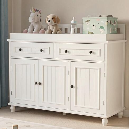 Large Nursery Dresser with Drawers, 47'' White Baby Diaper Changing Table | Scurrty Wood Changing Station for Infants Daycare, Spacious Storage Cabinet, Safety Anti-Tipping Device, No Odor, Heavy Duty in Kuwait