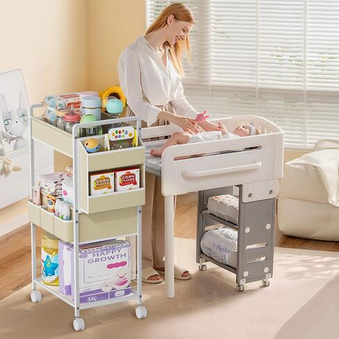 JBBTOOL 2In1 Baby Diaper Caddy & 3-Tier Rolling Diaper Cart, Diaper Caddy Organizer with Dividers & Pockets, Mobile Metal Utility Cart for Baby Essentials, Bedroom, Kitchen & Office in Kuwait