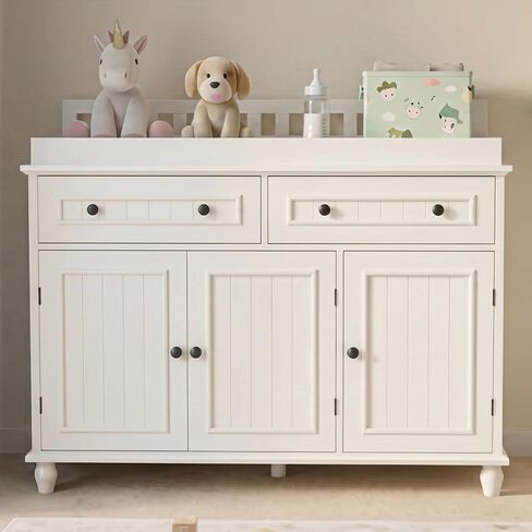 Large Nursery Dresser with Drawers, 47'' White Baby Diaper Changing Table | Scurrty Wood Changing Station for Infants Daycare, Spacious Storage Cabinet, Safety Anti-Tipping Device, No Odor, Heavy Duty in Kuwait