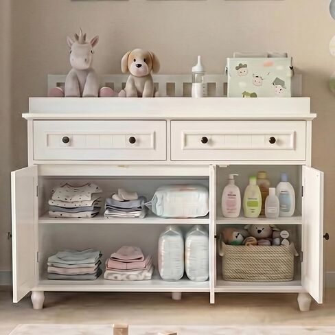 Large Nursery Dresser with Drawers, 47'' White Baby Diaper Changing Table | Scurrty Wood Changing Station for Infants Daycare, Spacious Storage Cabinet, Safety Anti-Tipping Device, No Odor, Heavy Duty in Kuwait