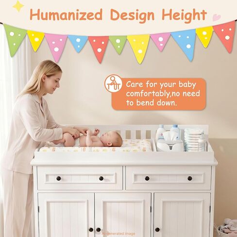 Large Nursery Dresser with Drawers, 47'' White Baby Diaper Changing Table | Scurrty Wood Changing Station for Infants Daycare, Spacious Storage Cabinet, Safety Anti-Tipping Device, No Odor, Heavy Duty in Kuwait