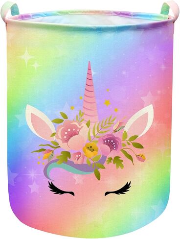 Unicorn Laundry Basket Hamper Large Sized Round Storage Basket Waterproof Bin Collapsible Laundry Basket for Girls Room Organizer, Bedroom Nursery Playroom Clothes (43.3L) in Kuwait