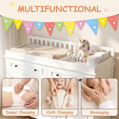 Large Nursery Dresser with Drawers, 47'' White Baby Diaper Changing Table | Scurrty Wood Changing Station for Infants Daycare, Spacious Storage Cabinet, Safety Anti-Tipping Device, No Odor, Heavy Duty in Kuwait
