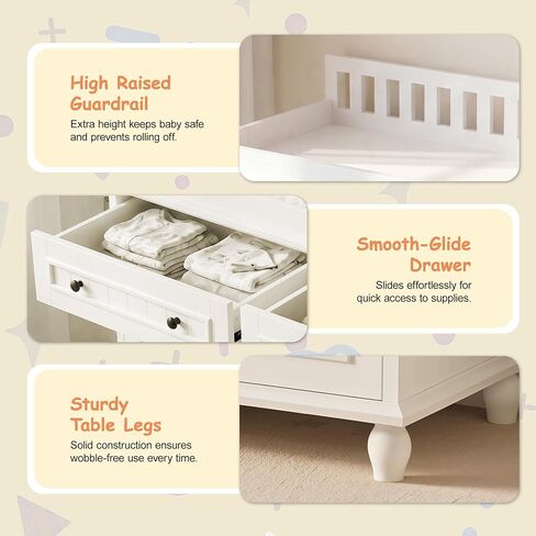 Large Nursery Dresser with Drawers, 47'' White Baby Diaper Changing Table | Scurrty Wood Changing Station for Infants Daycare, Spacious Storage Cabinet, Safety Anti-Tipping Device, No Odor, Heavy Duty in Kuwait