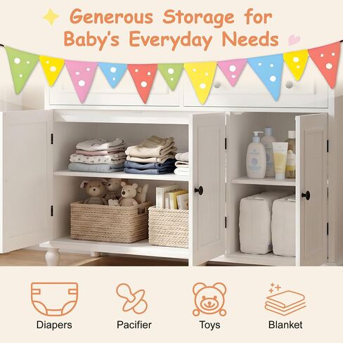 Large Nursery Dresser with Drawers, 47'' White Baby Diaper Changing Table | Scurrty Wood Changing Station for Infants Daycare, Spacious Storage Cabinet, Safety Anti-Tipping Device, No Odor, Heavy Duty in Kuwait